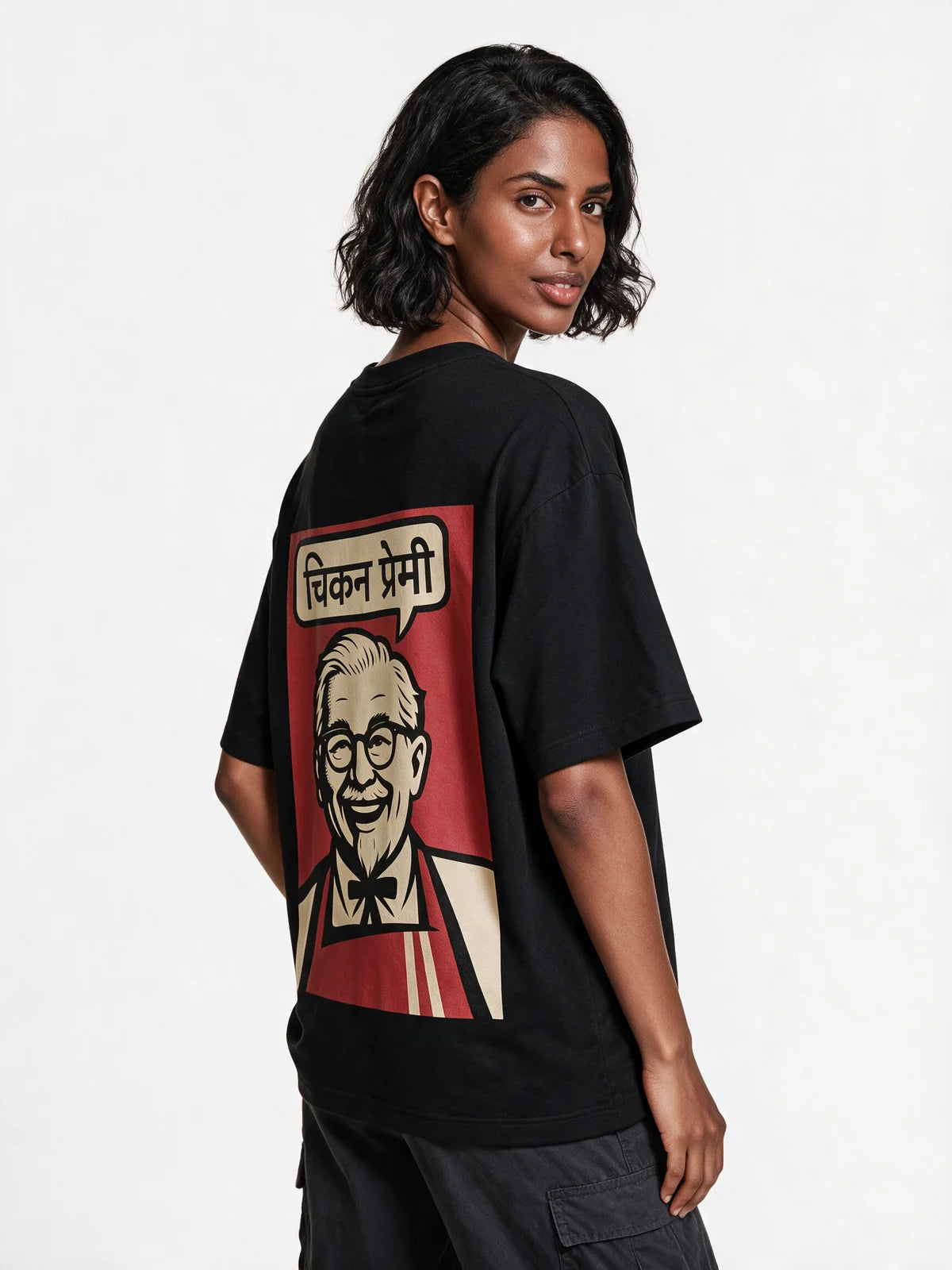 Prdgy Fried Chicken Back Oversized T-Shirt — three-quarter model view