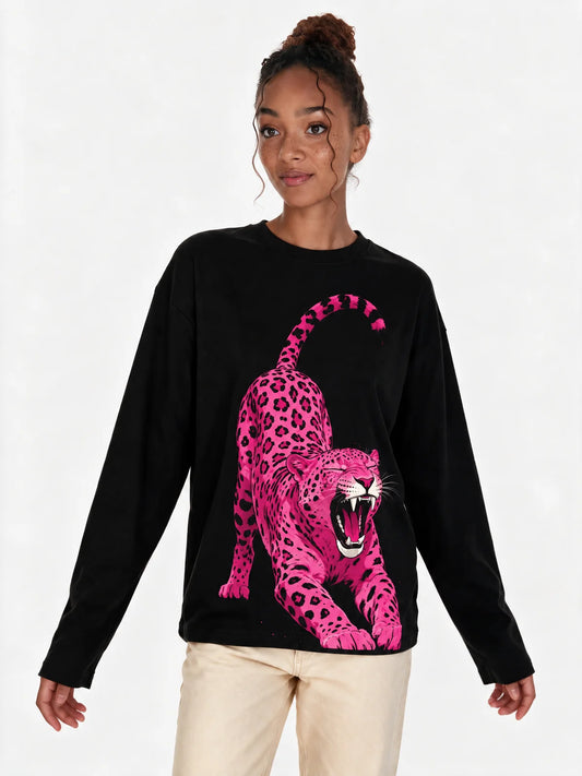 Pink Predator Oversized Full Sleeve T-Shirt — front model view
