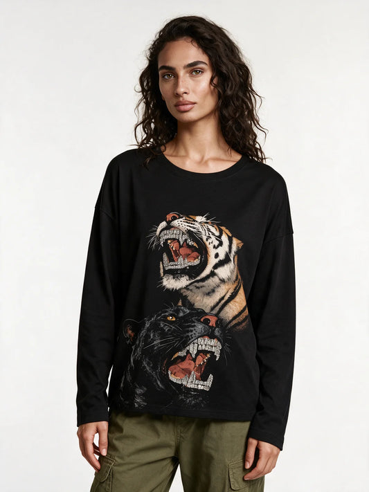 PRDGY Fierce Roar Front Oversized Full Sleeve T-Shirt — front model view