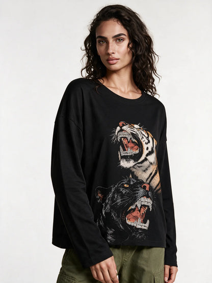 PRDGY Fierce Roar Front Oversized Full Sleeve T-Shirt — three-quarter model view