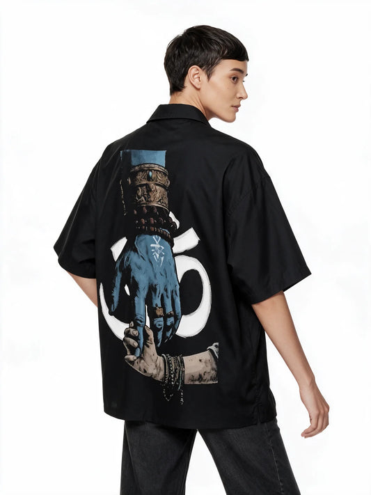 PRDGY Hold The Divine Oversized Collar Shirt — back model view
