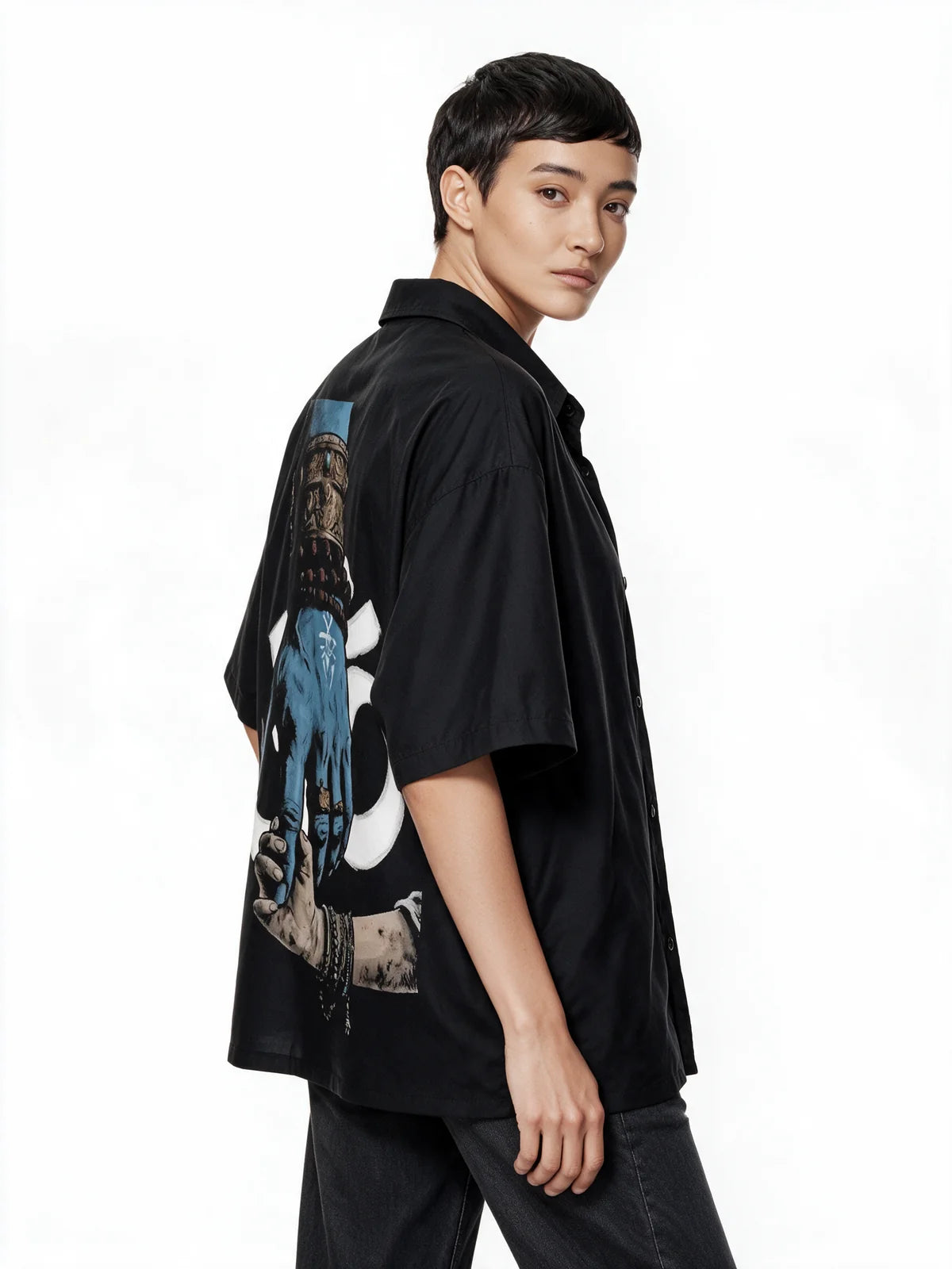 PRDGY Hold The Divine Oversized Collar Shirt — three-quarter model view