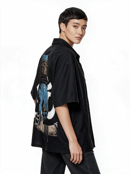 PRDGY Hold The Divine Oversized Collar Shirt — three-quarter model view