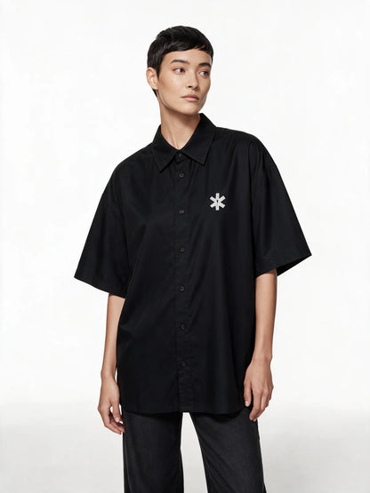 PRDGY Hold The Divine Oversized Collar Shirt — opposite-side model view