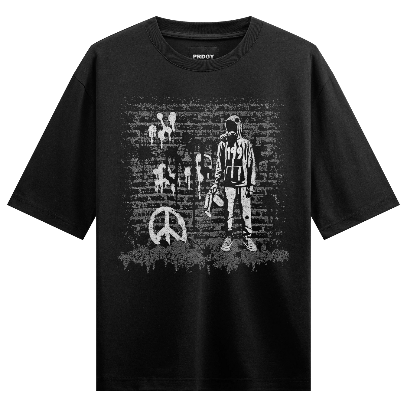 Gas Mask Person artwork on PRDGY oversized t-shirt