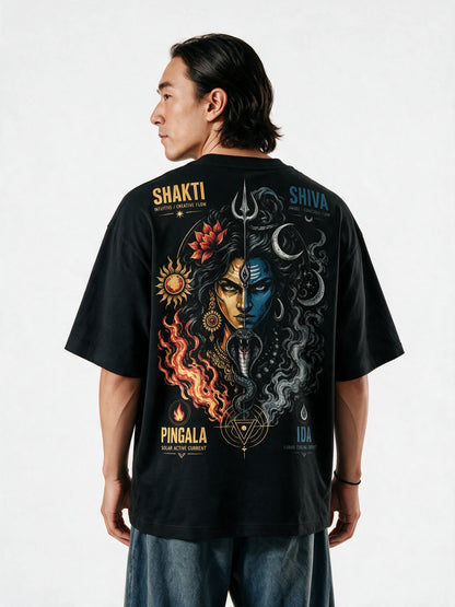 PRDGY Shakti Shiva Duality Oversized T-shirt — back-print T-shirt on model