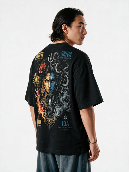PRDGY Shakti Shiva Duality Oversized T-shirt — back-print T-shirt at three-quarter angle