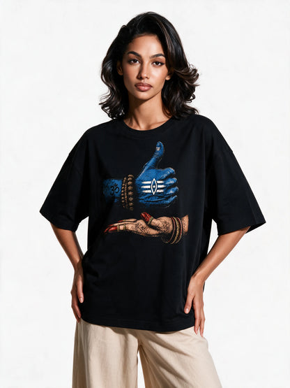 PRDGY Shiva mudra Oversized T-shirt — front-print T-shirt on model