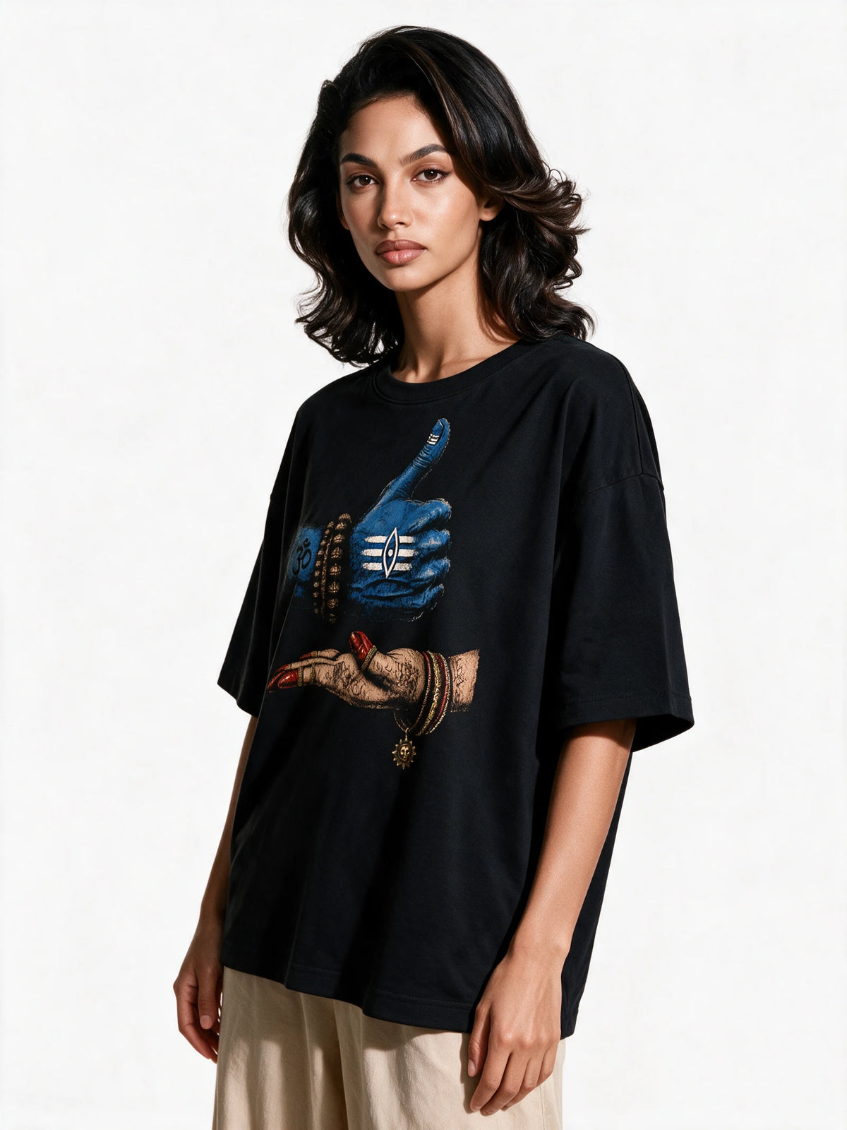 PRDGY Shiva mudra Oversized T-shirt — front-print T-shirt at three-quarter angle