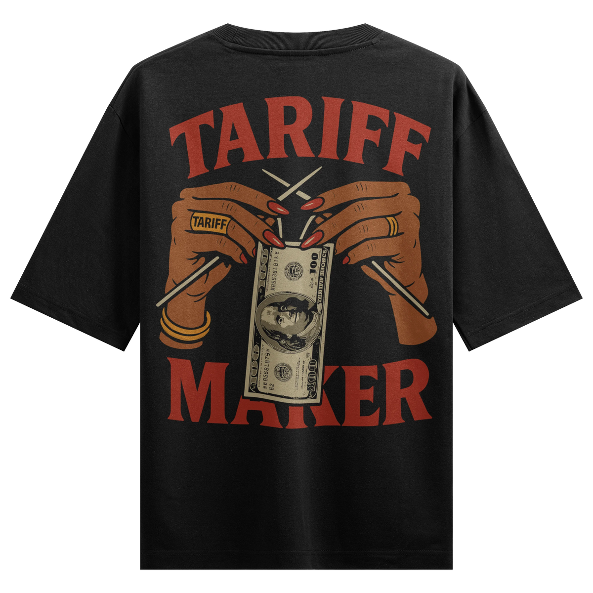 TARIFF MAKER artwork on PRDGY oversized t-shirt
