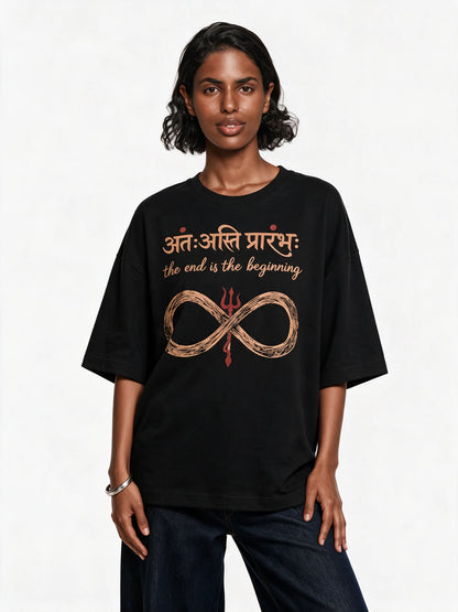 PRDGY The Endless Beginning Oversized T-Shirt — front-print T-shirt on model
