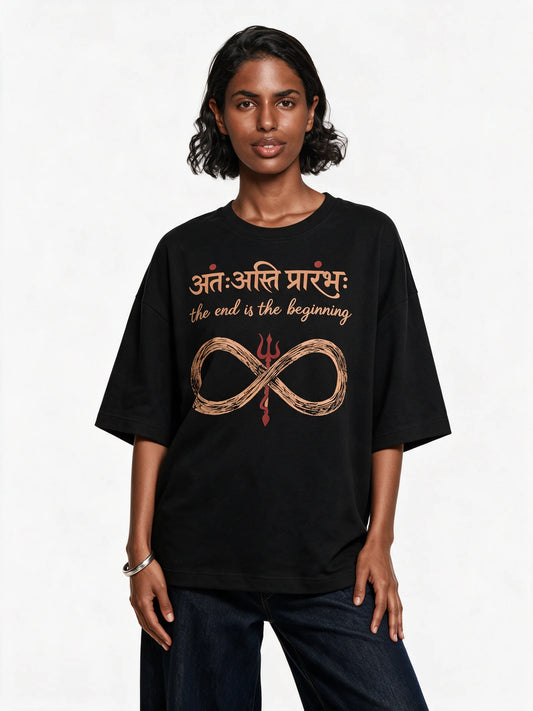 PRDGY The Endless Beginning Oversized T-Shirt — front-print T-shirt on model