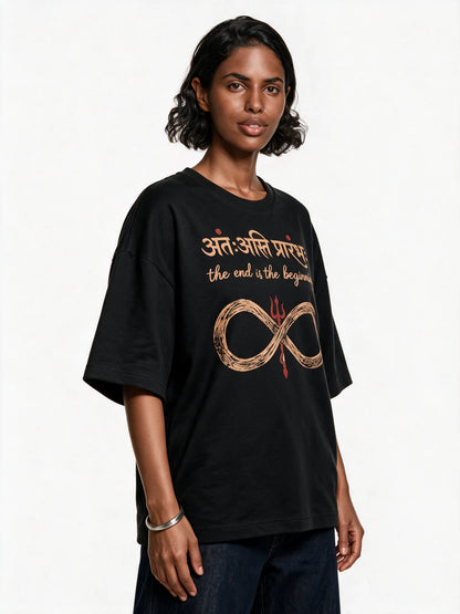 PRDGY The Endless Beginning Oversized T-Shirt — front-print T-shirt at three-quarter angle