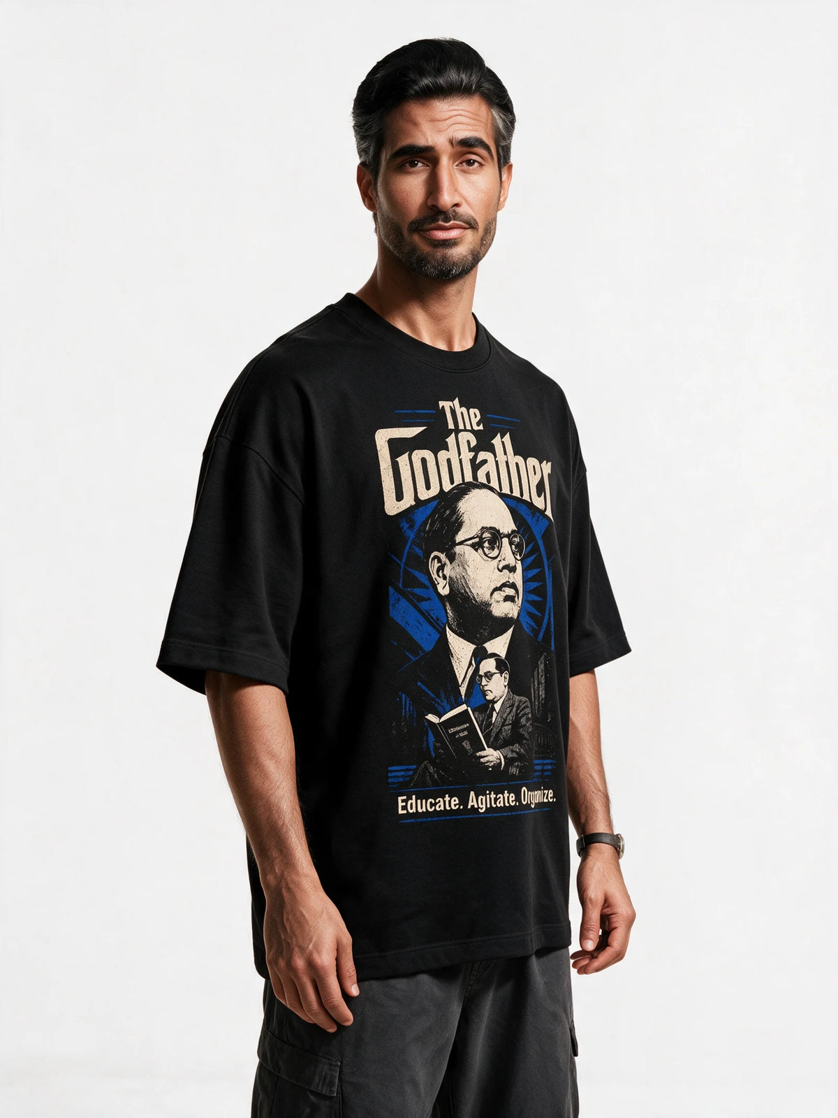 PRDGY The Godfather Oversized T-shirt — front-print T-shirt at three-quarter angle