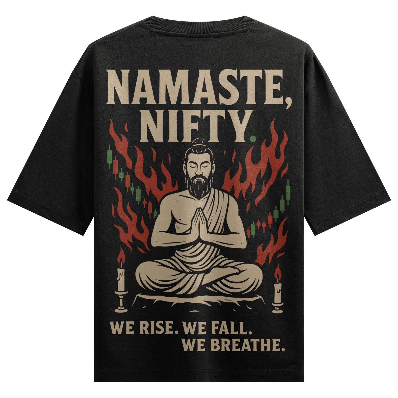 NAMASTE NIFTY WE RISE WE FALL WE BREATHE artwork on PRDGY oversized t-shirt