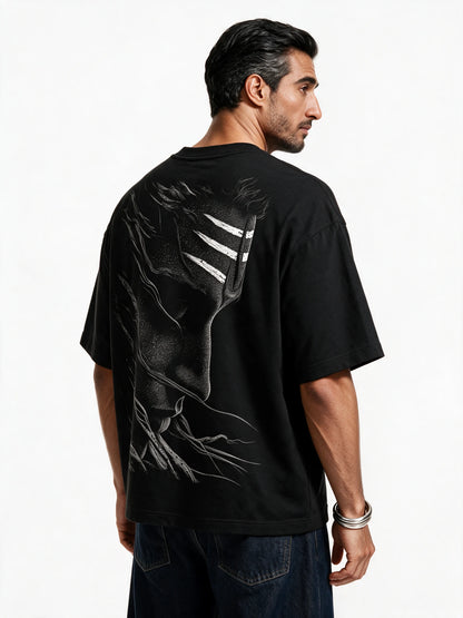 PRDGY vairagya Oversized T-shirt — back-print T-shirt at three-quarter angle