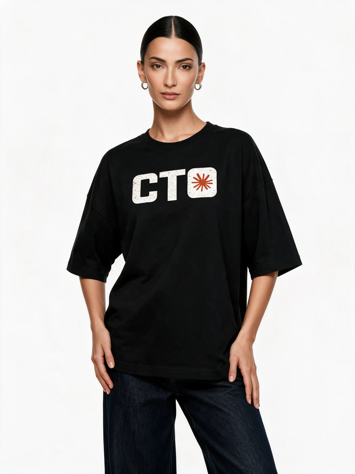 PRDGY Vibe CTO Minimalist Oversized T-shirt — front-print T-shirt on model