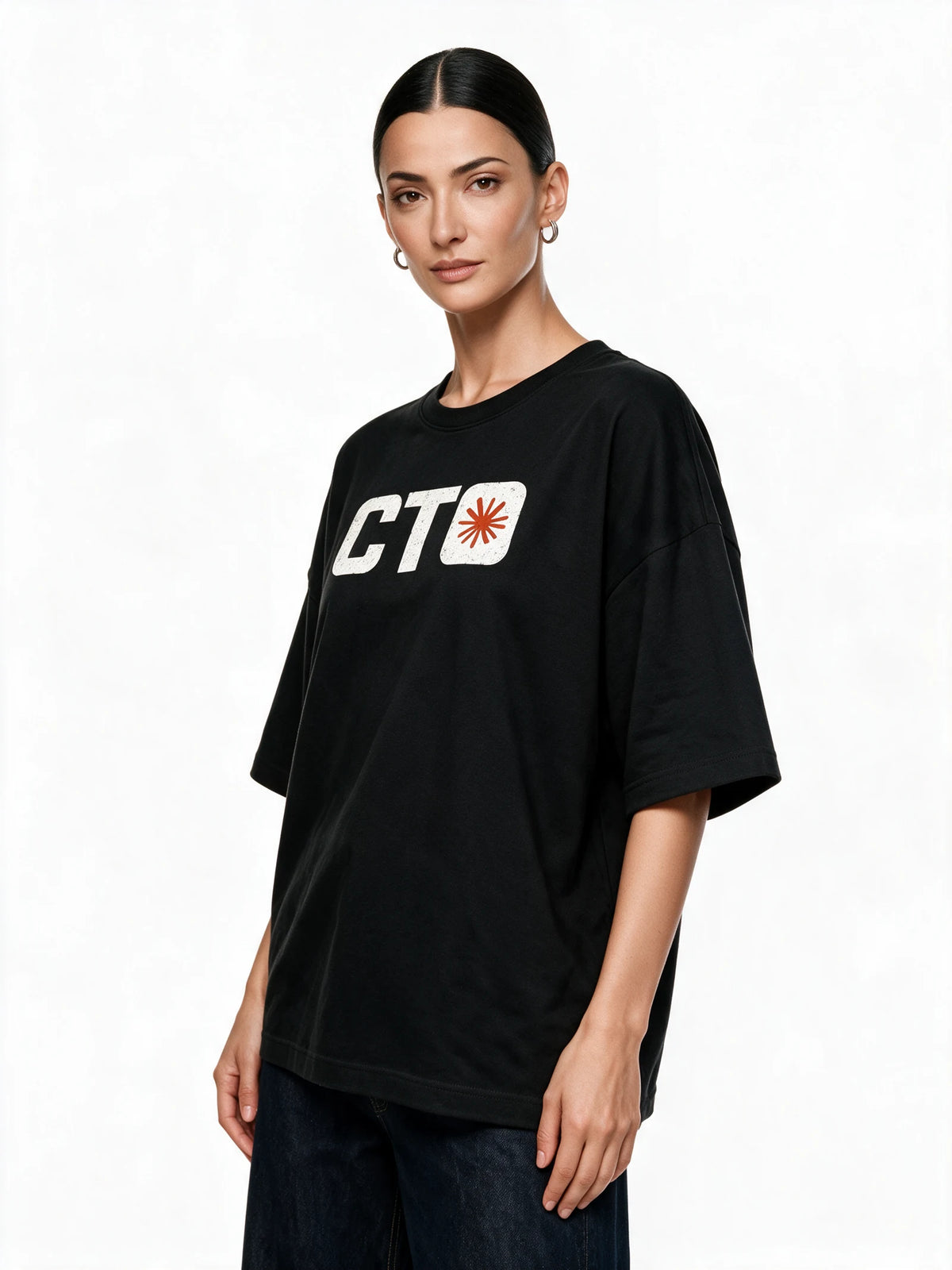 PRDGY Vibe CTO Minimalist Oversized T-shirt — front-print T-shirt at three-quarter angle