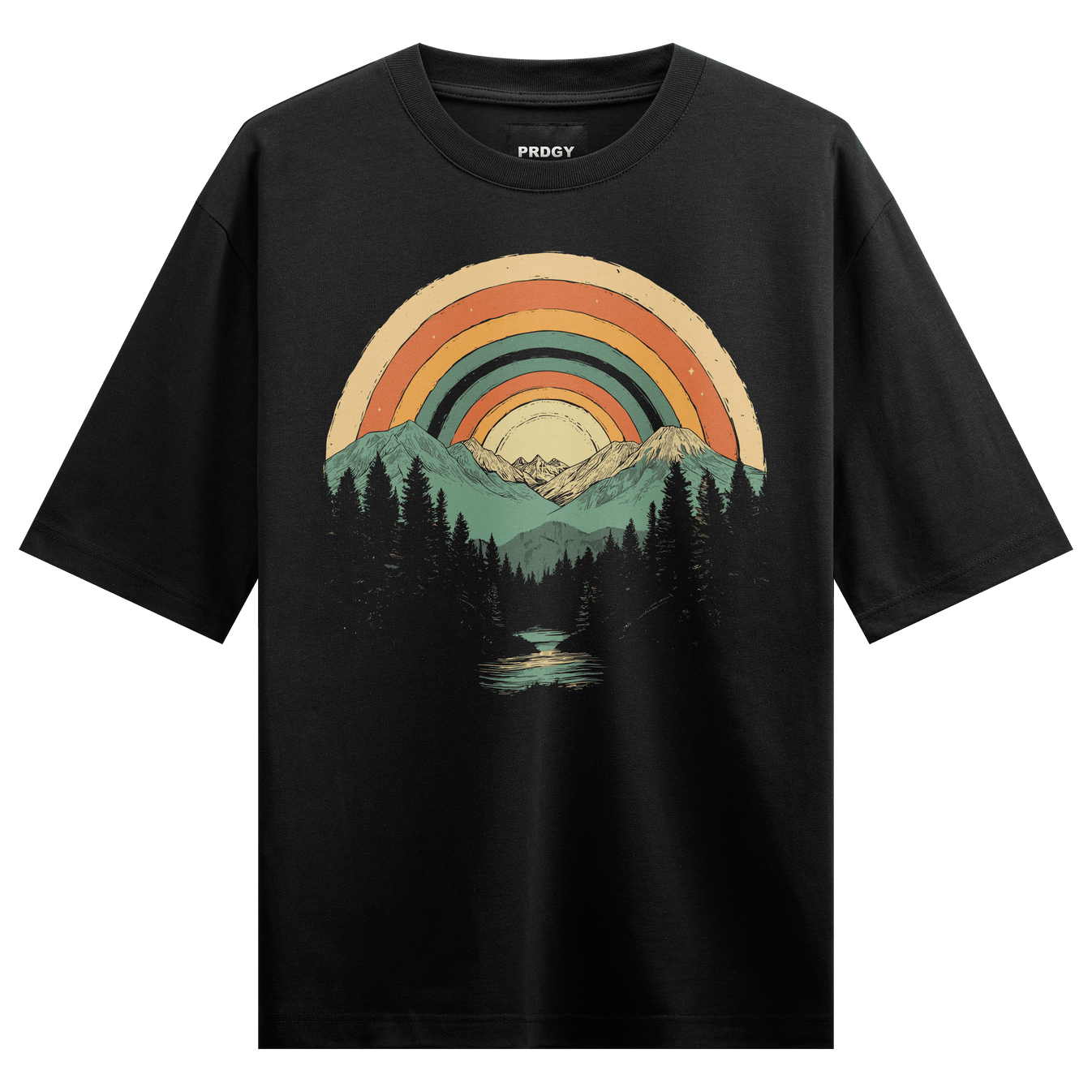Rainbow Mountain Landscape artwork on PRDGY oversized t-shirt