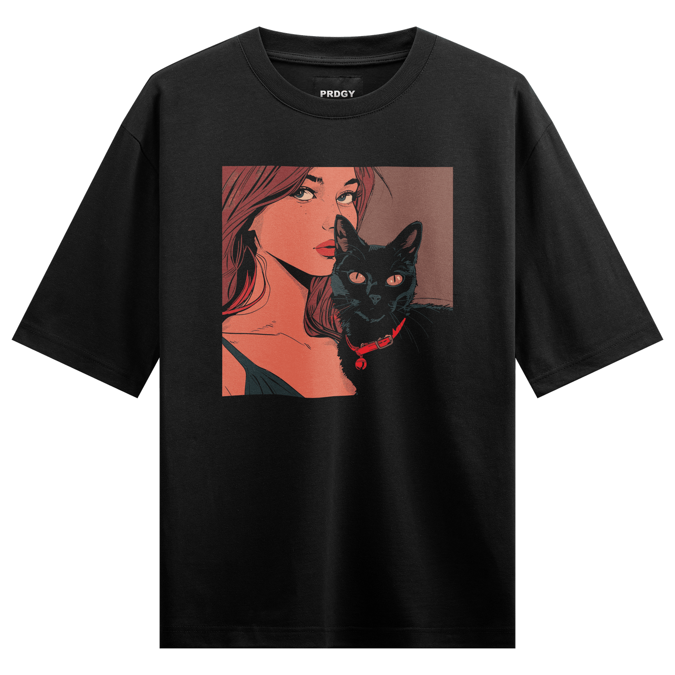 Woman And Black Cat artwork on PRDGY oversized t-shirt