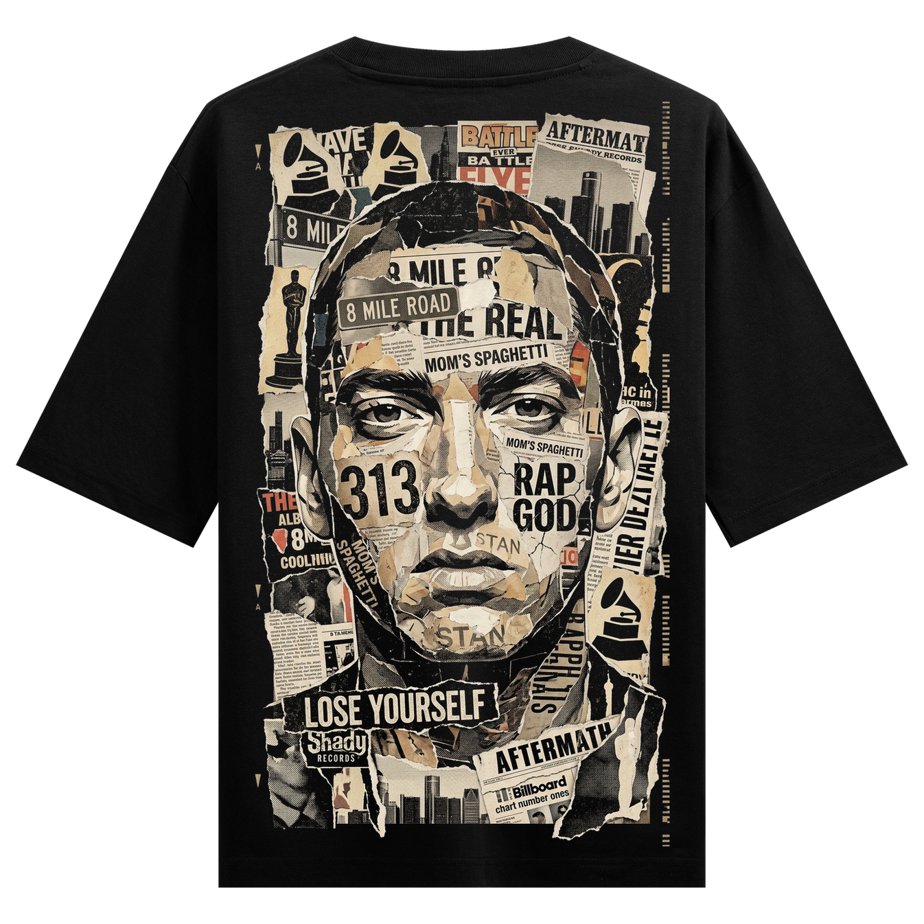 shady portrait Oversized T-Shirt by PRDGY — artistic collage portrait with magazine cutouts and urban typography, streetwear