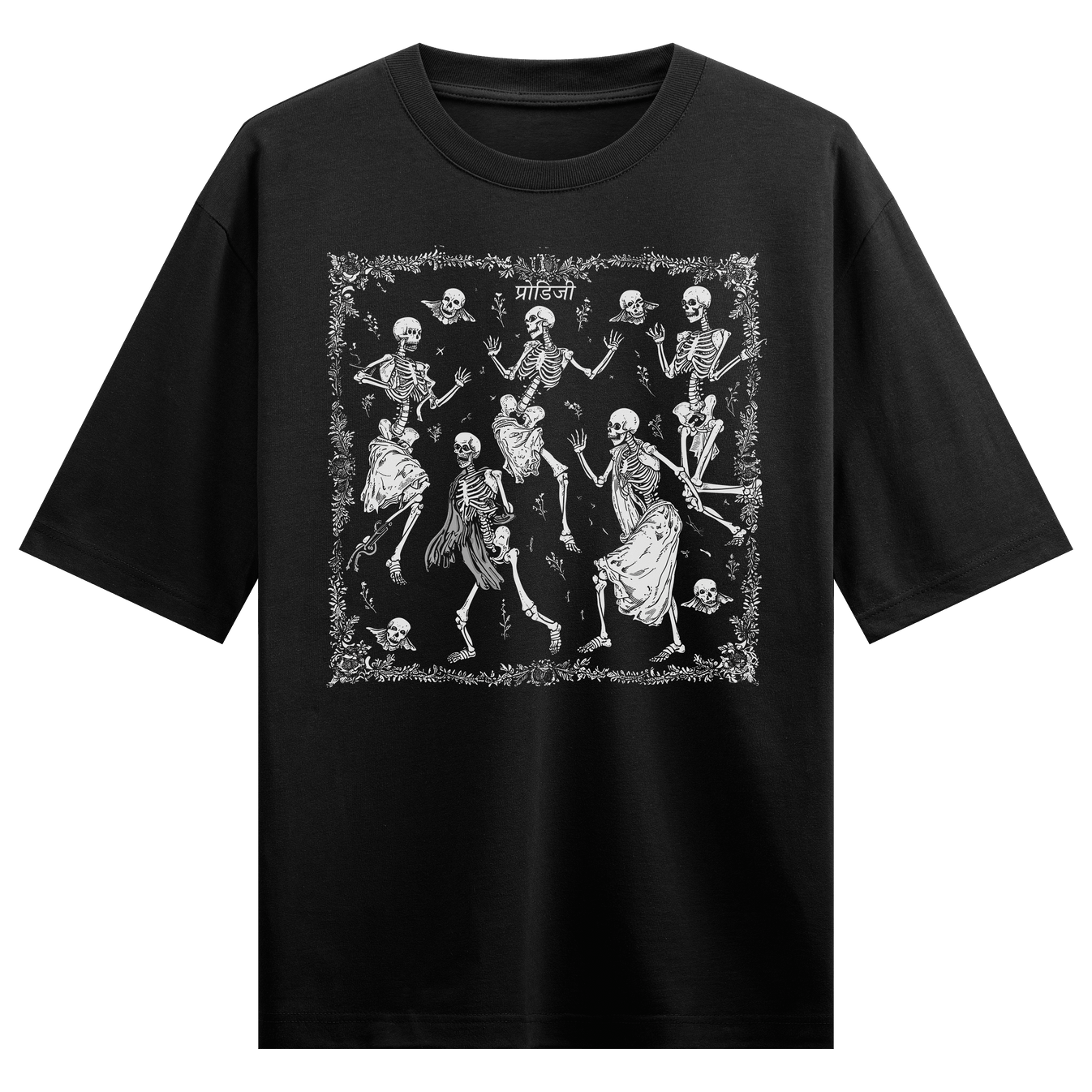 Dancing Skeletons artwork on PRDGY oversized t-shirt