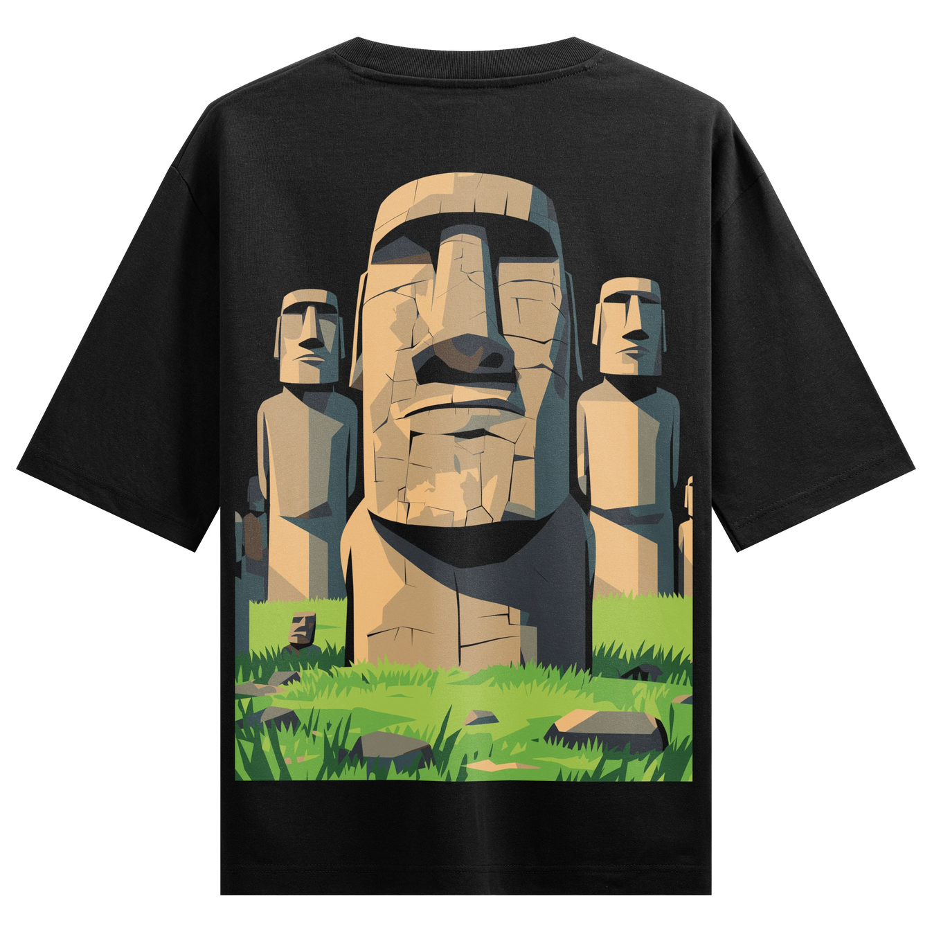 Moai Statues artwork on PRDGY oversized t-shirt
