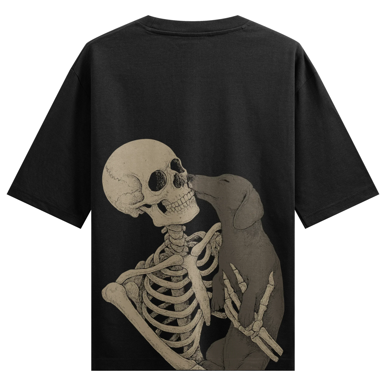 Skeleton Dog Kiss artwork on PRDGY oversized t-shirt